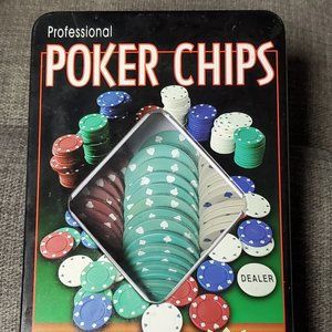PROFESSIONAL POKER CHIPS METAL TIN 96 COUNT INCLUDES DEALER CHIP